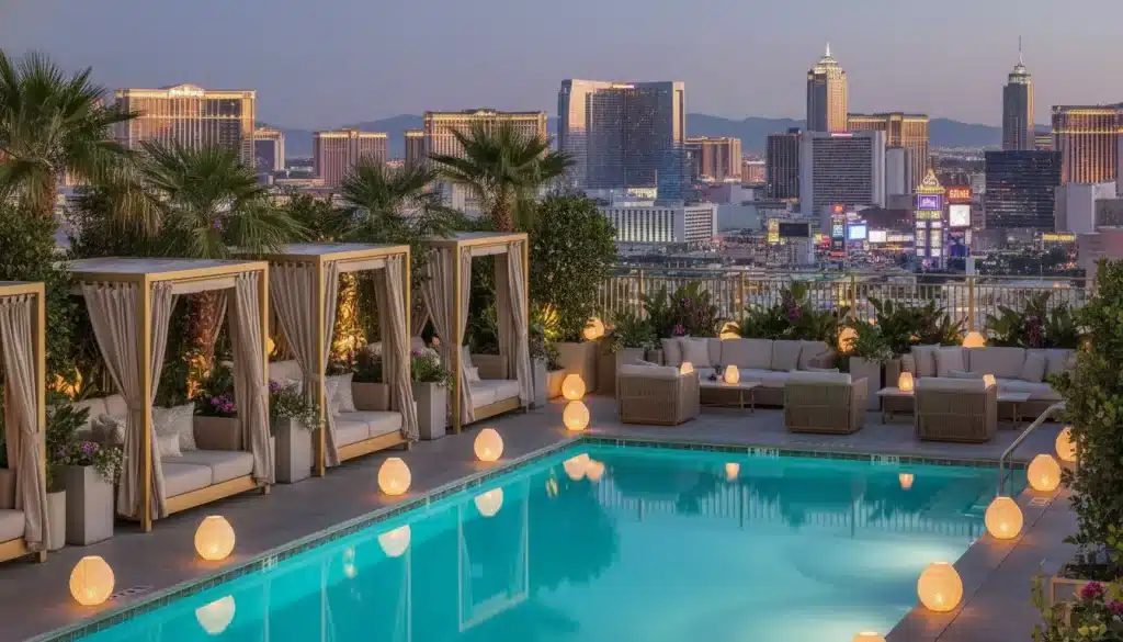 Rooftop pool with luxury cabanas and glowing lanterns overlooking city skyline at dusk