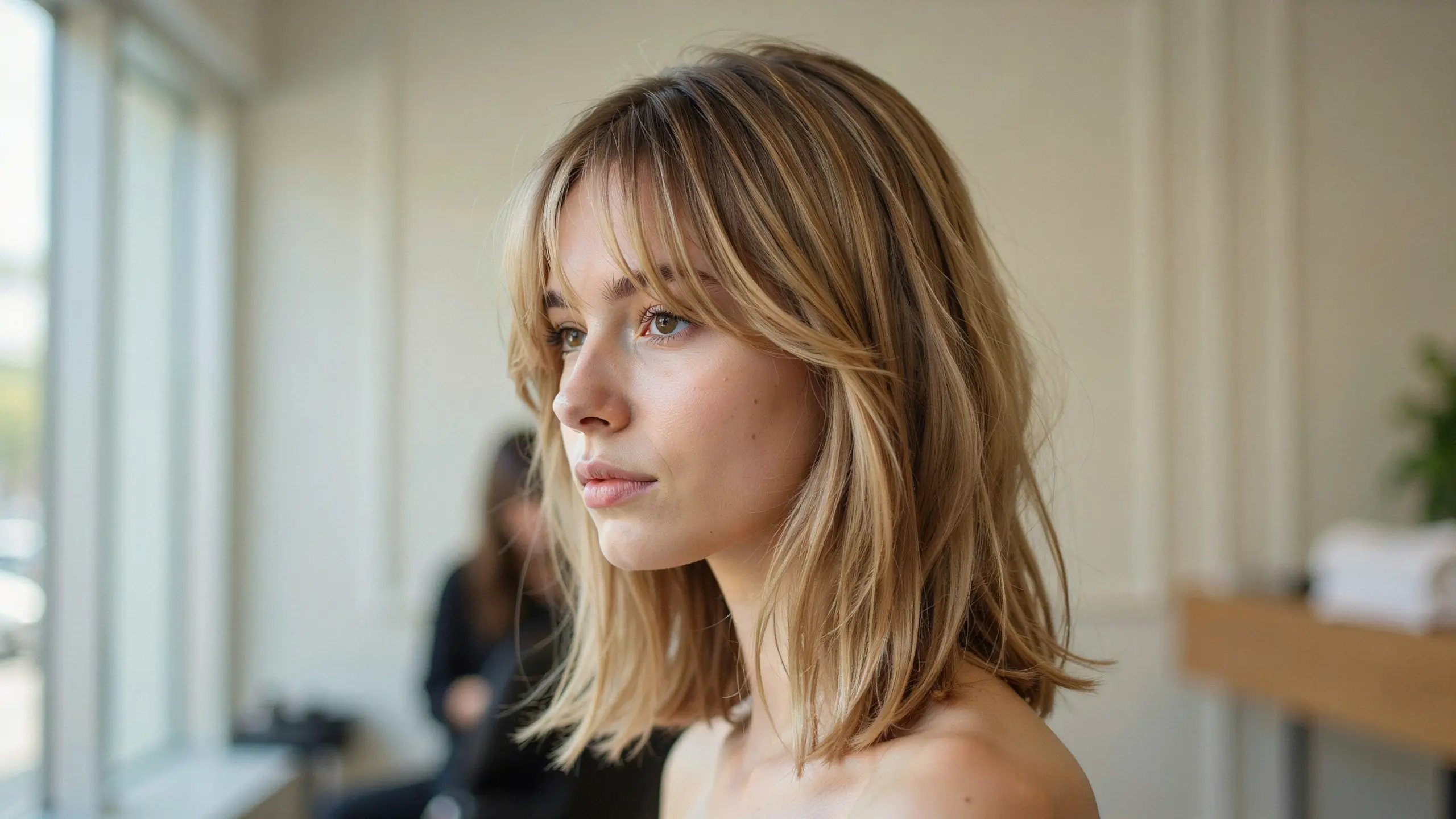 Long bangs that softly frame the face with layered shoulder length hair