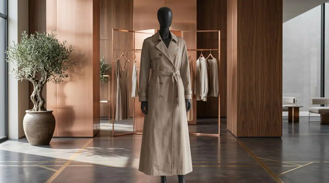 Long beige trench coat on a mannequin in a luxury boutique with warm wood interiors and natural daylight.