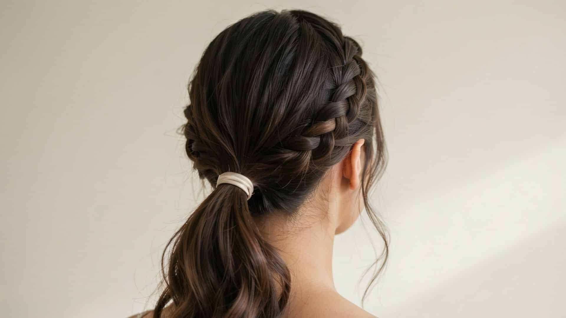Low bridal ponytail with soft face-framing pieces and a fabric-covered elastic