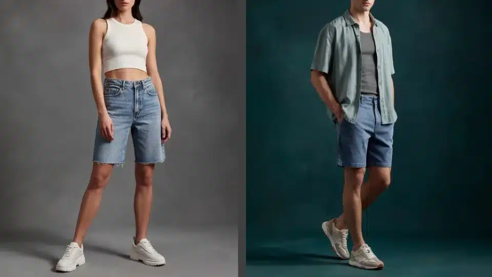 Woman and man wearing low rise jorts with Y2K inspired casual fashion looks.