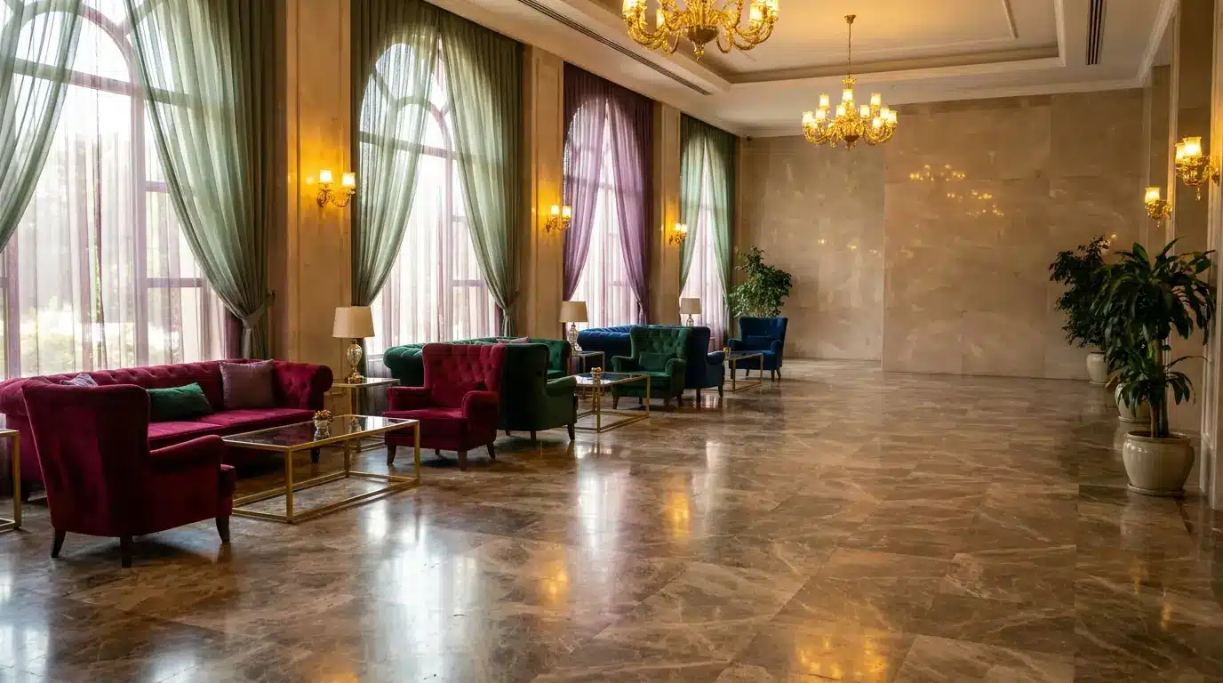 Luxurious lounge with velvet sofas, large windows, and elegant chandeliers in a spacious setting