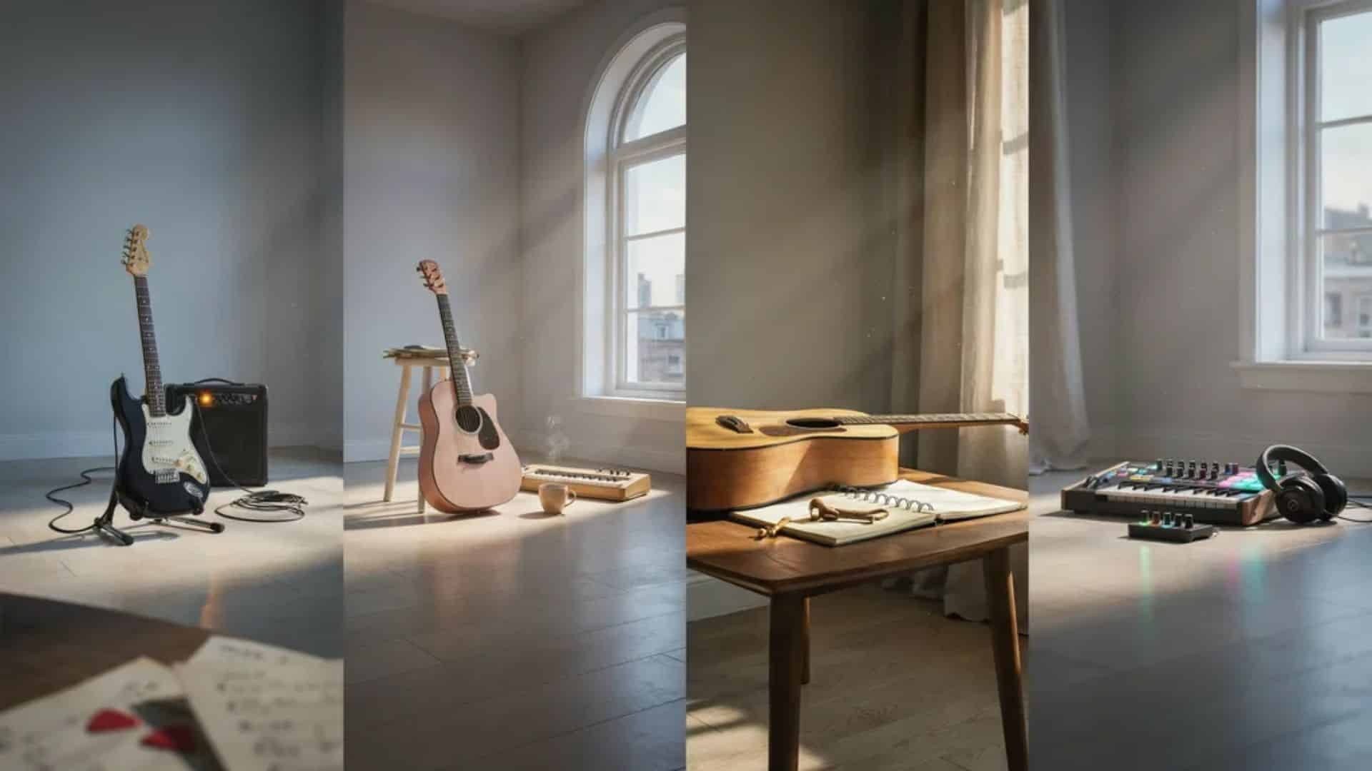 Cinematic setup showing indie rock, pop, folk, and electronic music styles through instruments and mood lighting.