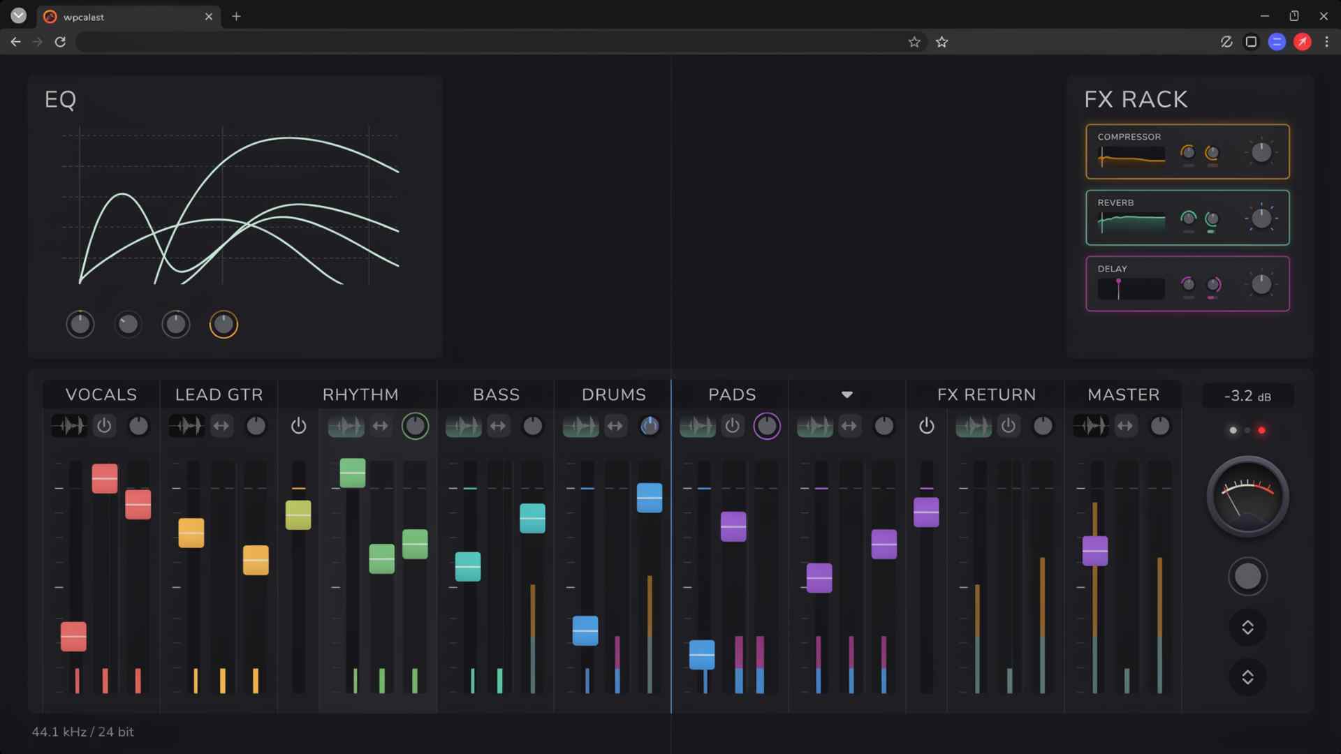 Digital audio workstation mixer view showing colored volume faders and effects panels