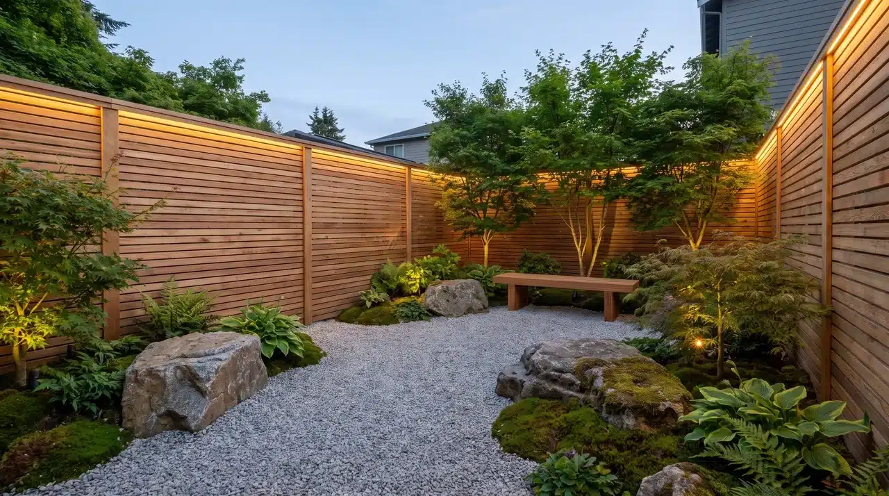 Modern zen garden with wooden privacy screen, gravel, stones, greenery, and peaceful outdoor seating area.