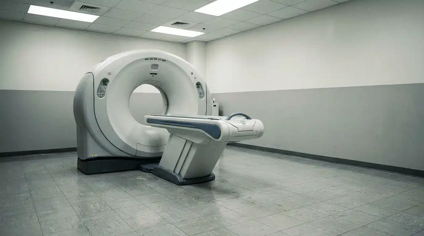 CT scanner in empty hospital room with tiled floor and fluorescent lighting
