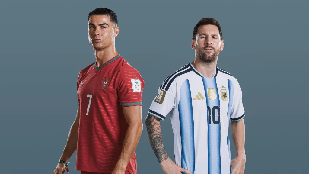 Cristiano Ronaldo and Lionel Messi wearing Portugal and Argentina jerseys in a dramatic football themed studio image