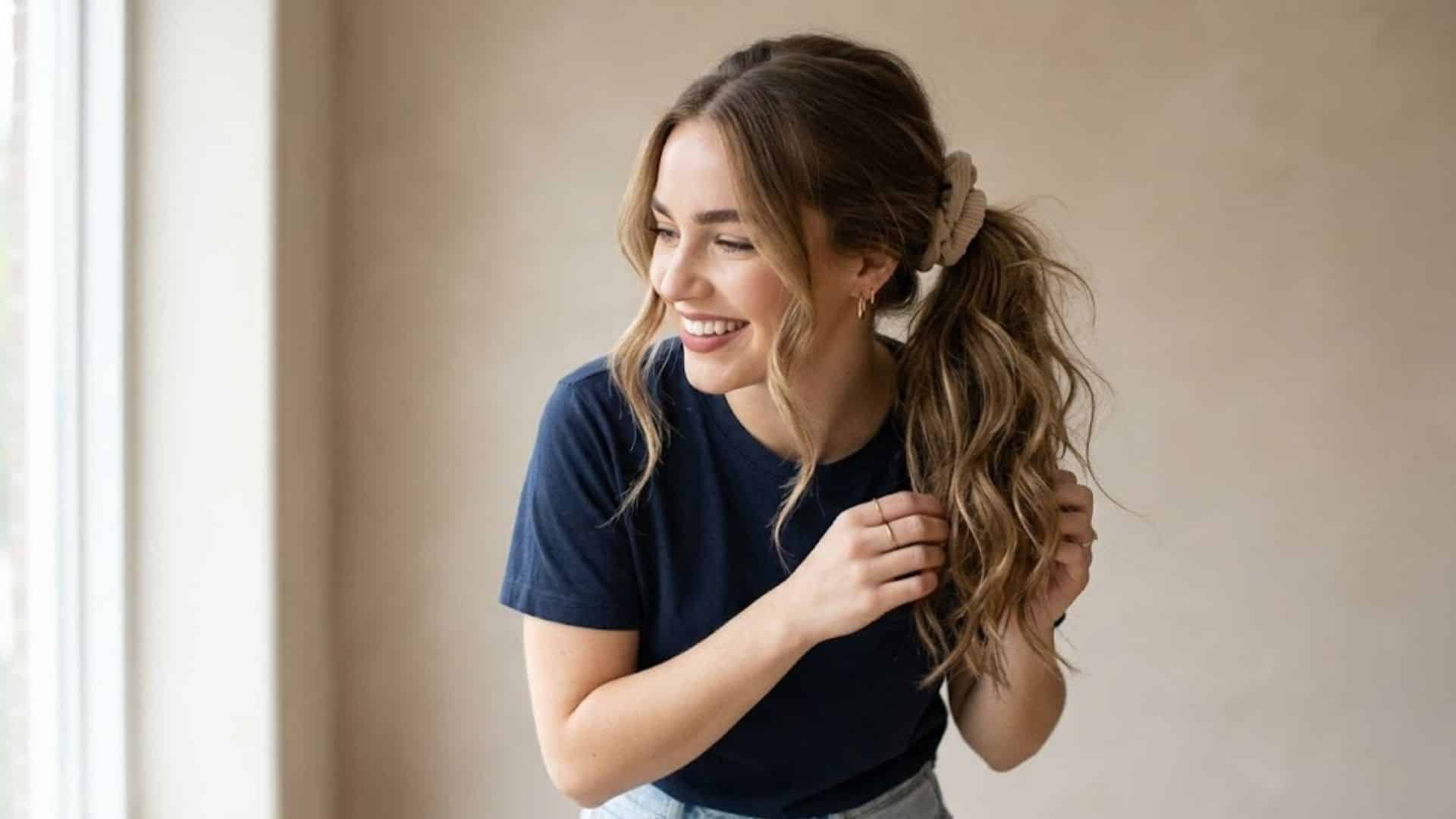 Woman smiling with a wavy, messy everyday ponytail tied loosely