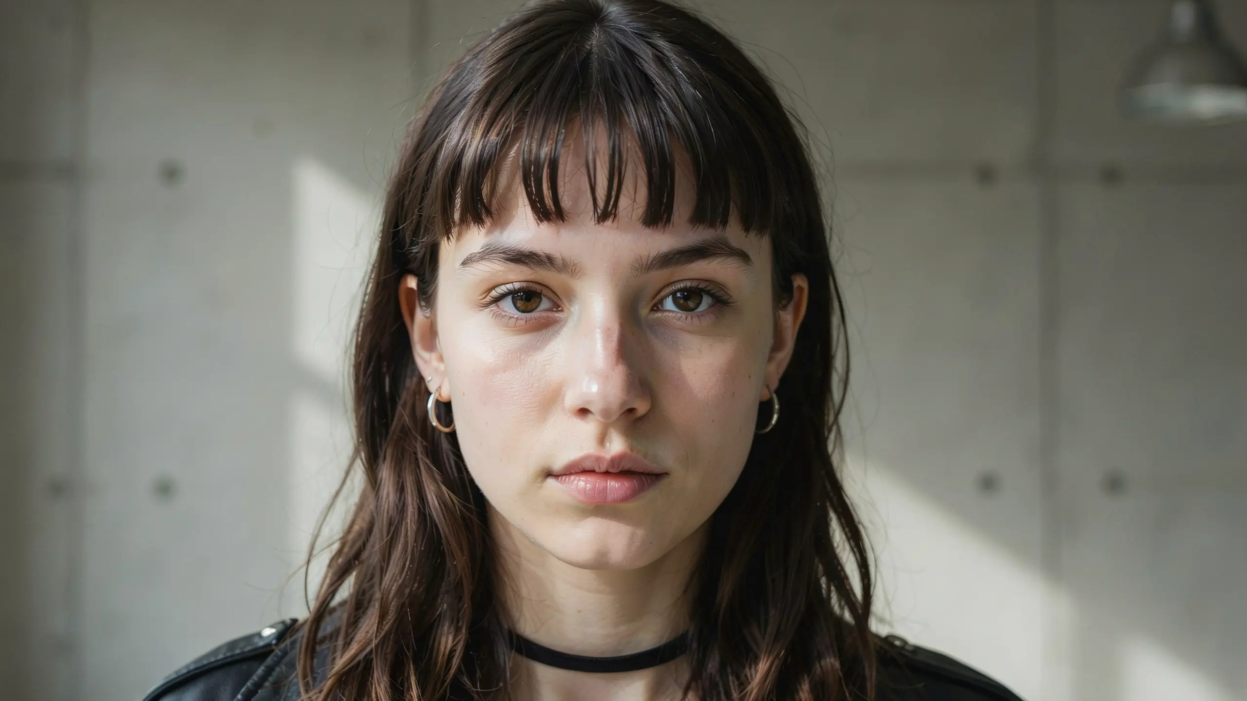 Micro bangs cut above the eyebrows with dark straight hair creating a bold modern look