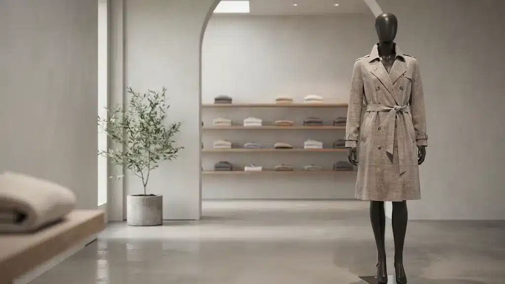 Stone mid-length trench coat on a mannequin in a minimalist boutique with neutral decor and soft natural light.