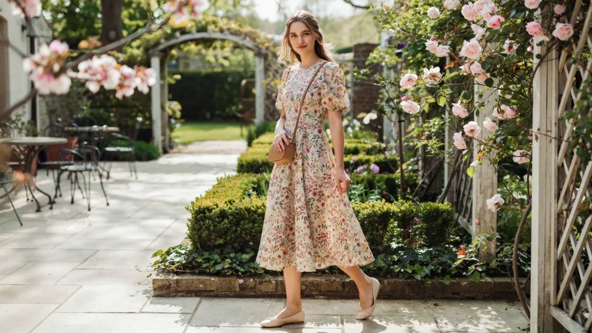 Woman wearing floral midi dress and ballet flats walking in garden patio with pink flowers warm sunny outdoor scene now!