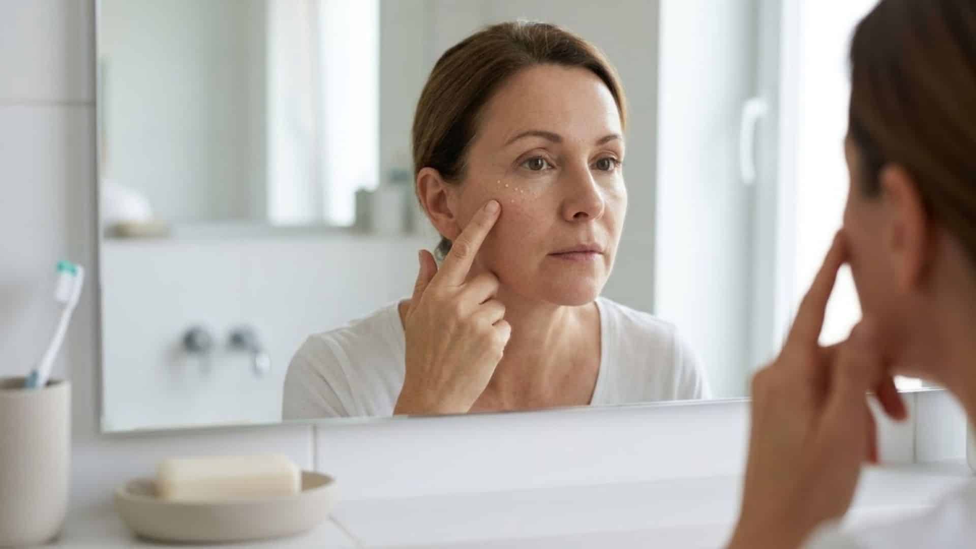 Woman examining small white bumps under her eye in bathroom mirror, checking for milia changes