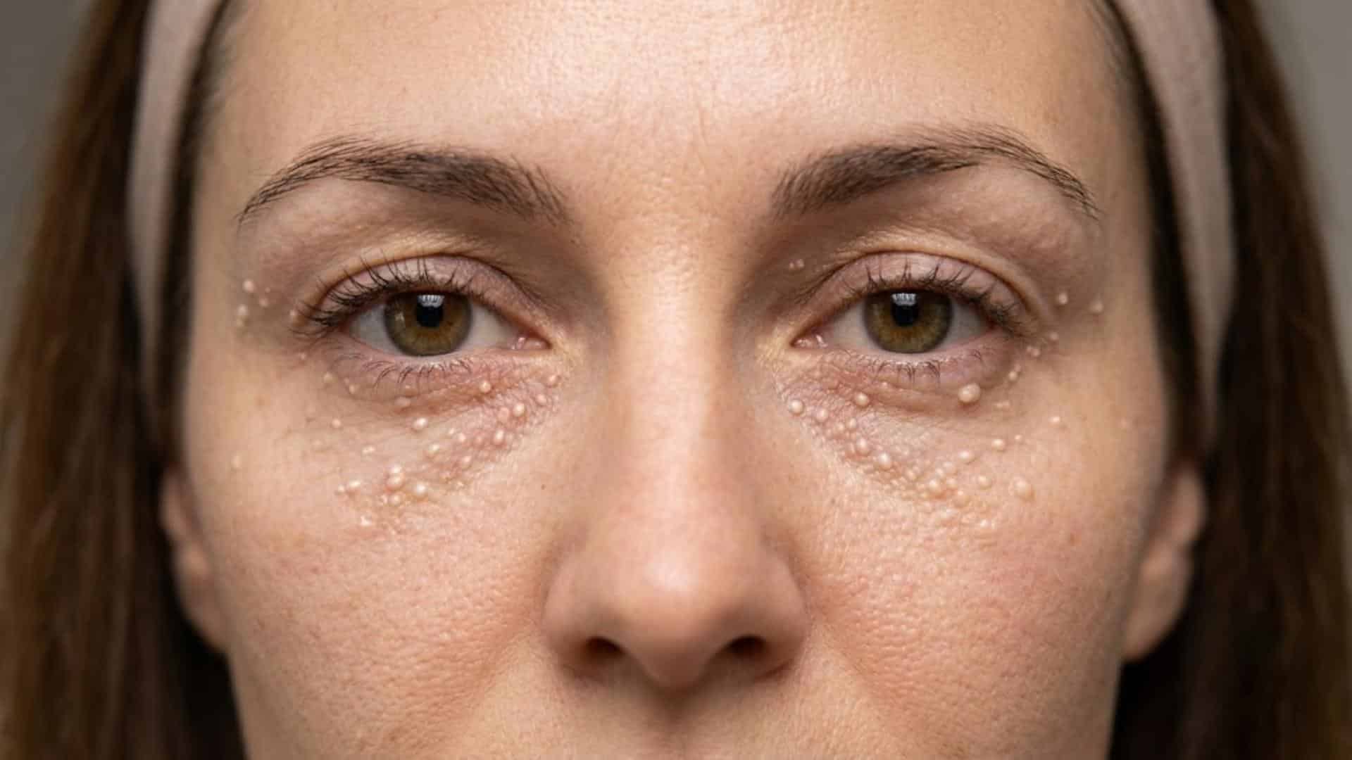 Close-up of clustered white bumps beneath both eyes on a woman's face