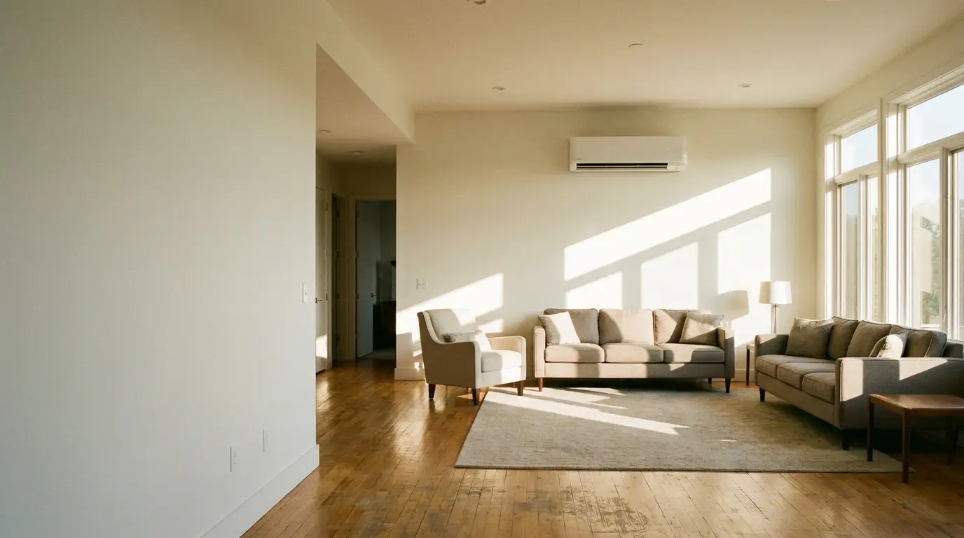 Sunlit living room with beige sofas, hardwood flooring, large windows, and minimal decor