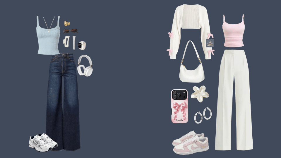 minimal indie outfit with ribbed tank, straight-leg jeans, blazer, white sneakers, and jewelry.