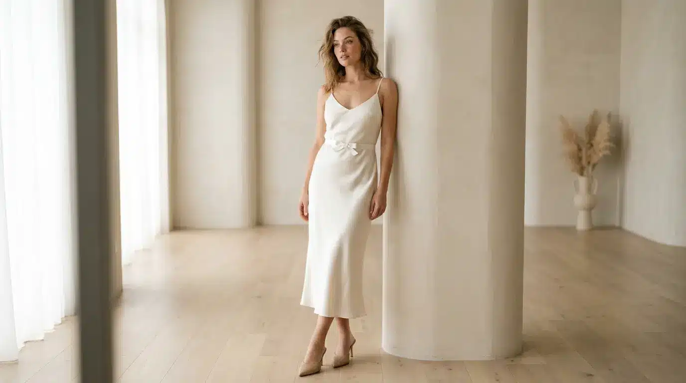 Modern minimalist coquette aesthetic outfit with neutral tones, clean lines and soft feminine style