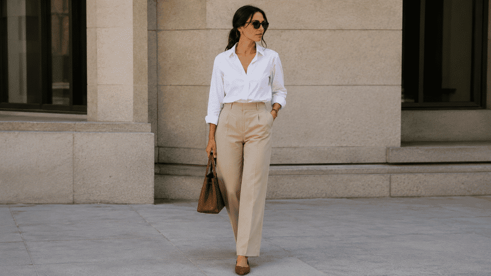 Woman in minimalist outfit white shirt and beige trousers with brown accessories, urban street style.