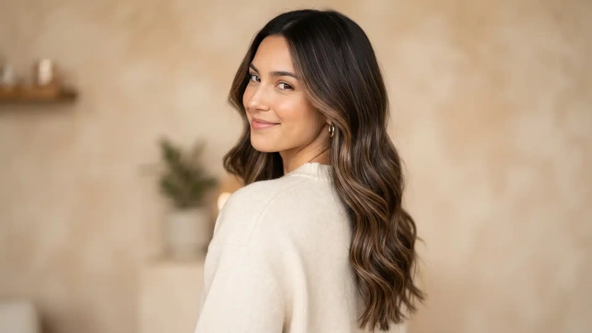 dark brown hair with mocha toned balayage highlights on beige backdrop