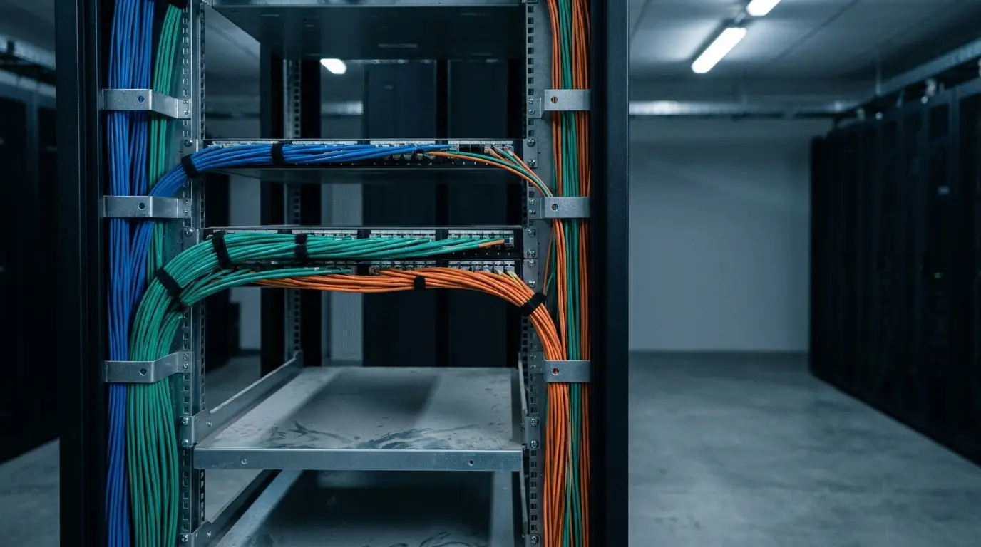 Colorful network cables organized in data center server rack under cool fluorescent lighting