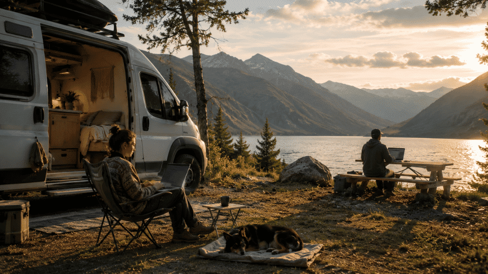 Modern nomad van setup beside a lake with mountains during sunset