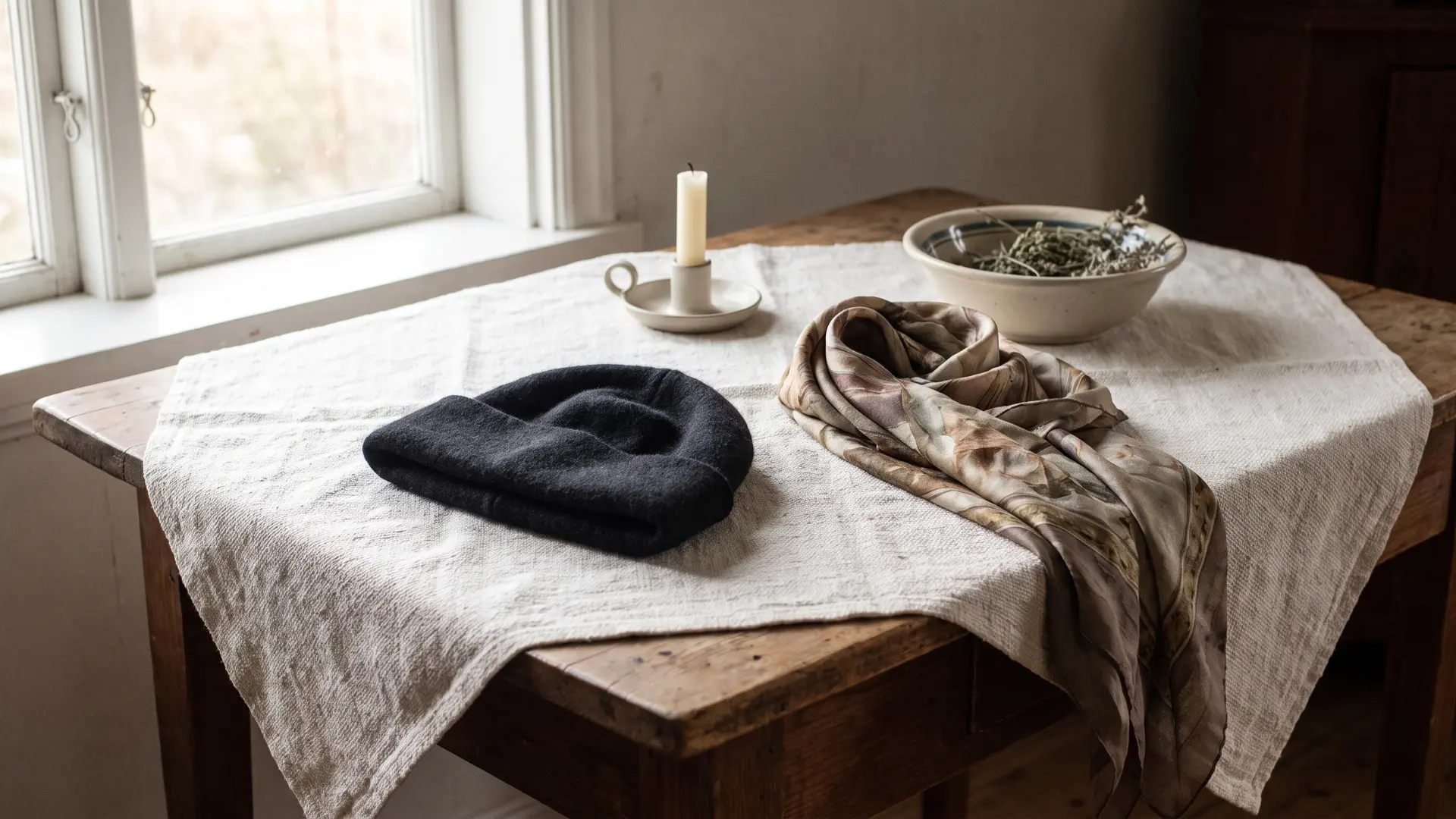 Simple funeral accessories featuring a black beret and muted floral scarf placed near a candle and dried flowers