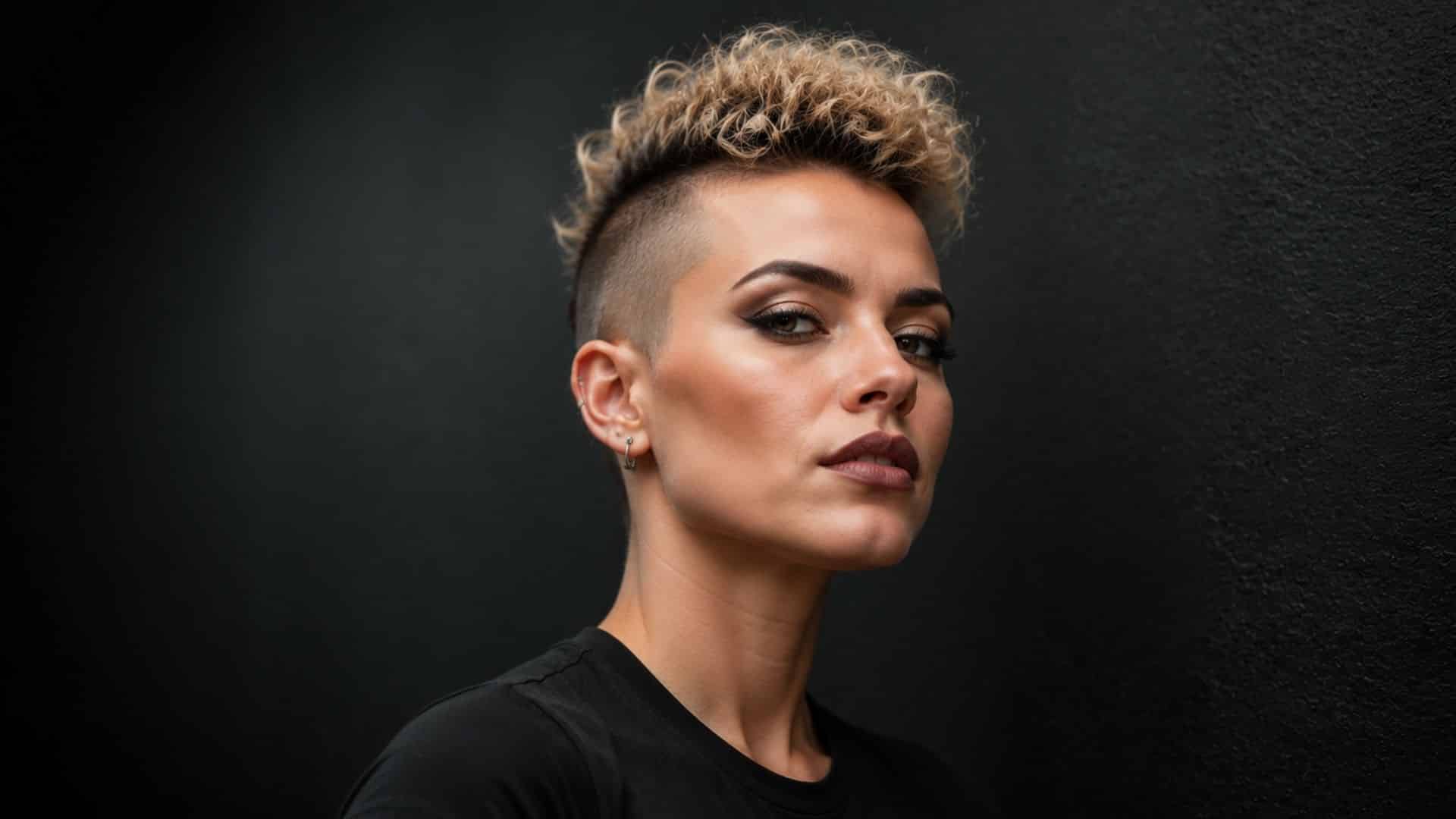 Curly blonde mohawk fade with tight curls on top, shaved sides.