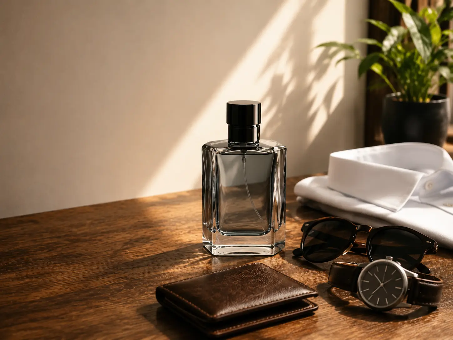 Perfume bottle on wooden table with folded shirt, sunglasses, wallet, watch, and potted plant