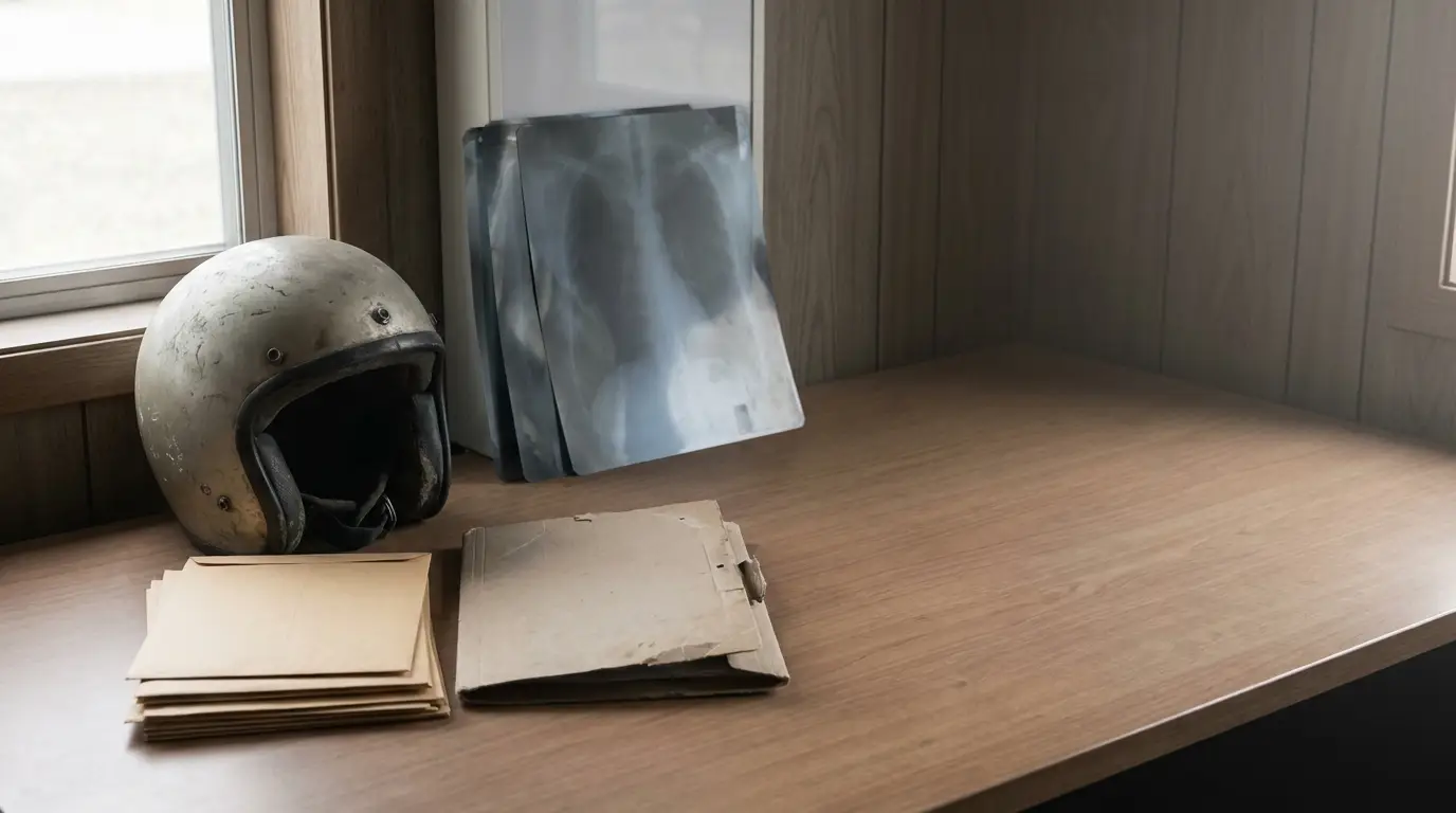 Weathered motorcycle helmet and stack of folders on wooden desk, illuminated by natural light