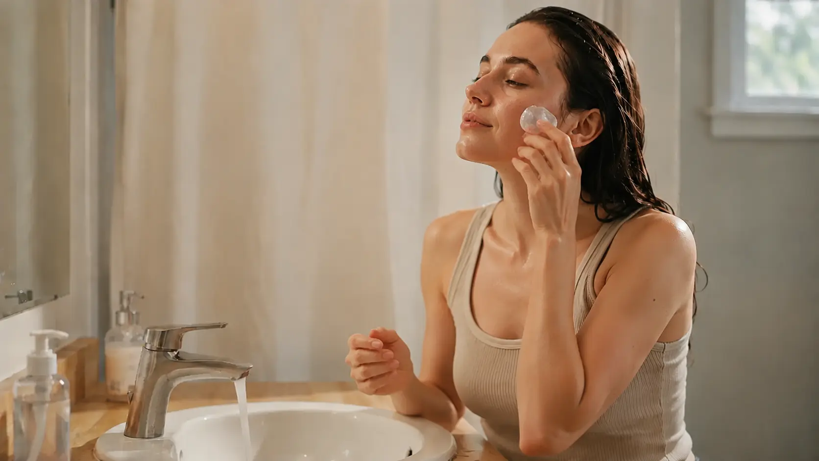 Woman gently moving an ice cube across her cheek during a facial icing routine in a bathroom.