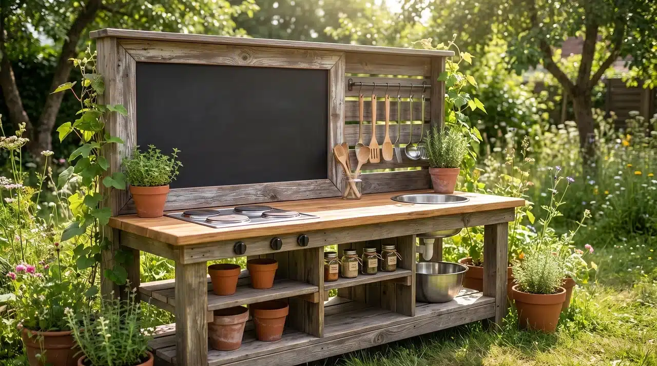Wooden mud kitchen with blank chalkboard, sink, shelves, and hanging play tools.
