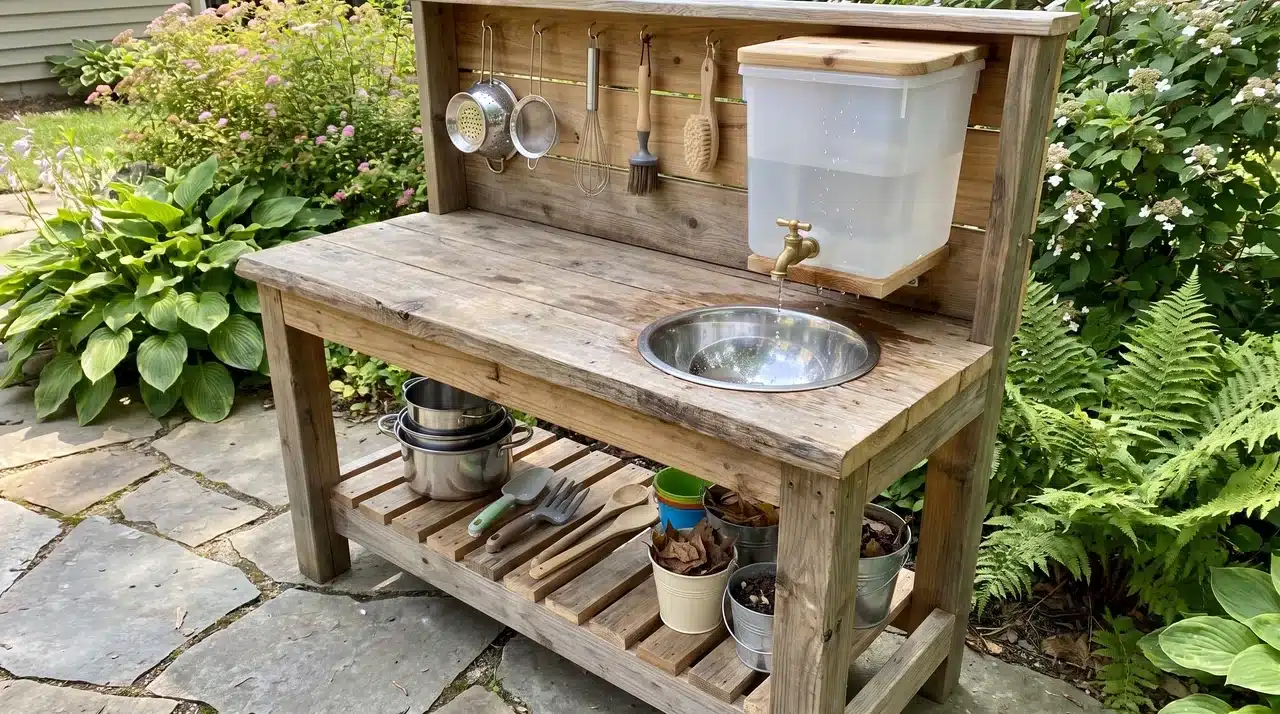 Mud kitchen with wooden counter, bowl sink, and simple running water setup outdoors.