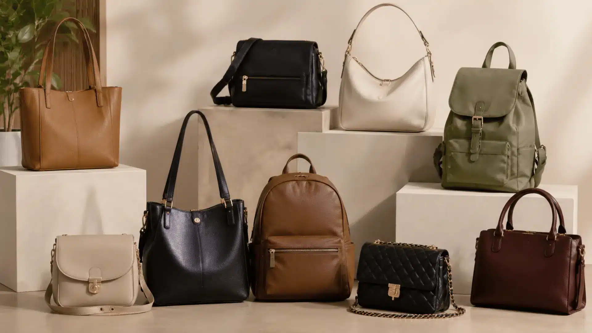 Multiple stylish bags displayed on layered podiums in a minimalist studio setup, different styles showcased together