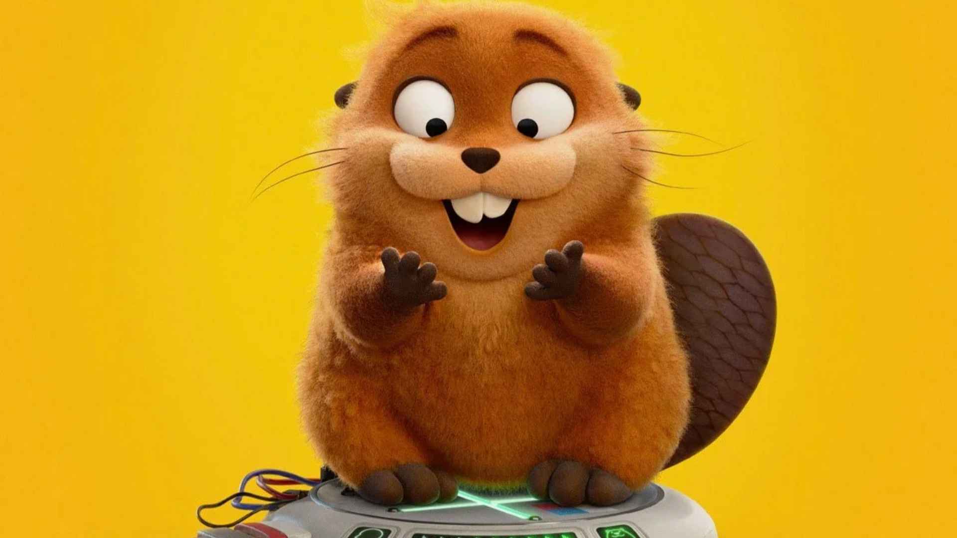 Smiling animated beaver standing on a futuristic platform against a bright yellow background with open paws.