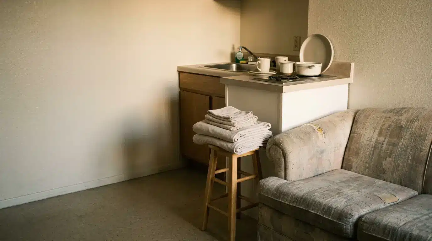 Small kitchenette with folded towels on stool beside worn beige sofa in soft lighting