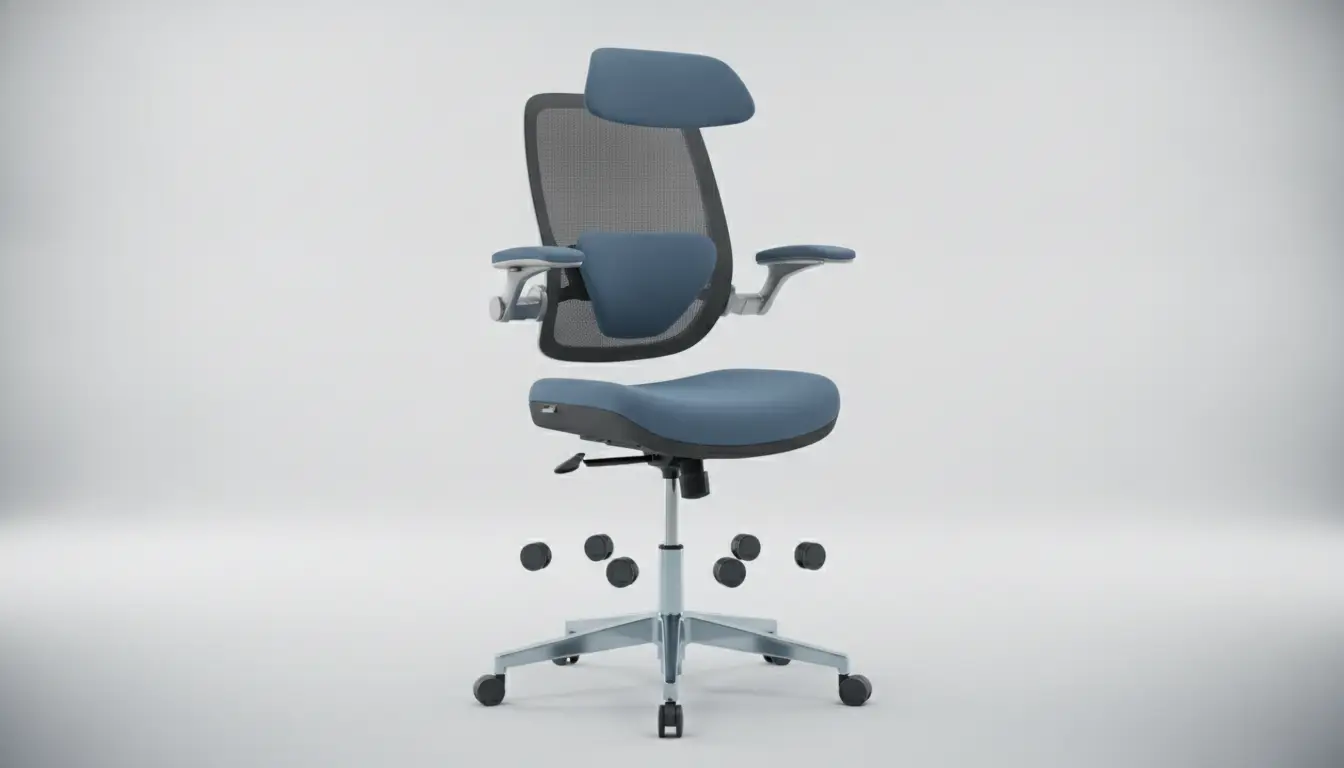 Ergonomic office chair with blue cushions and mesh backrest on swivel base in neutral setting