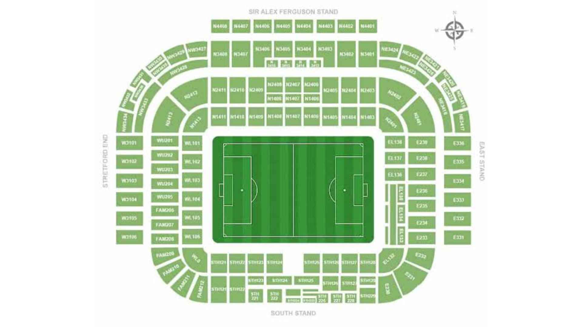 Top-down Old Trafford seating plan showing Sir Alex Ferguson, Stretford End, East and South stands around pitch