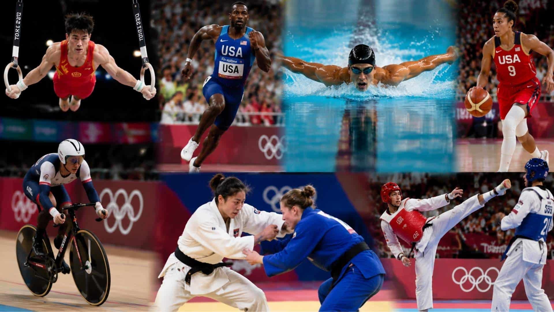 a collage of gymnastics, swimming, and basketball events