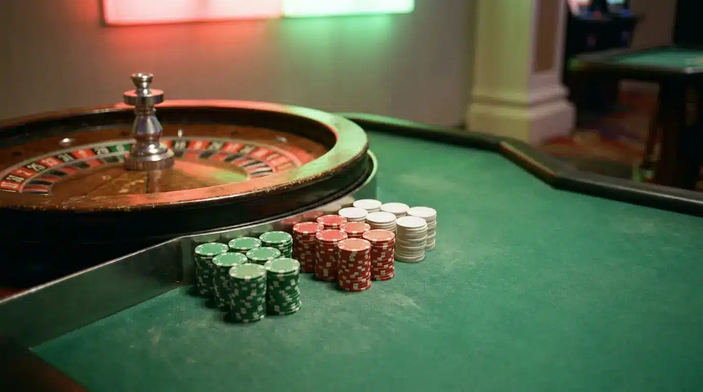 Roulette table with stacked poker chips in casino setting under warm lighting