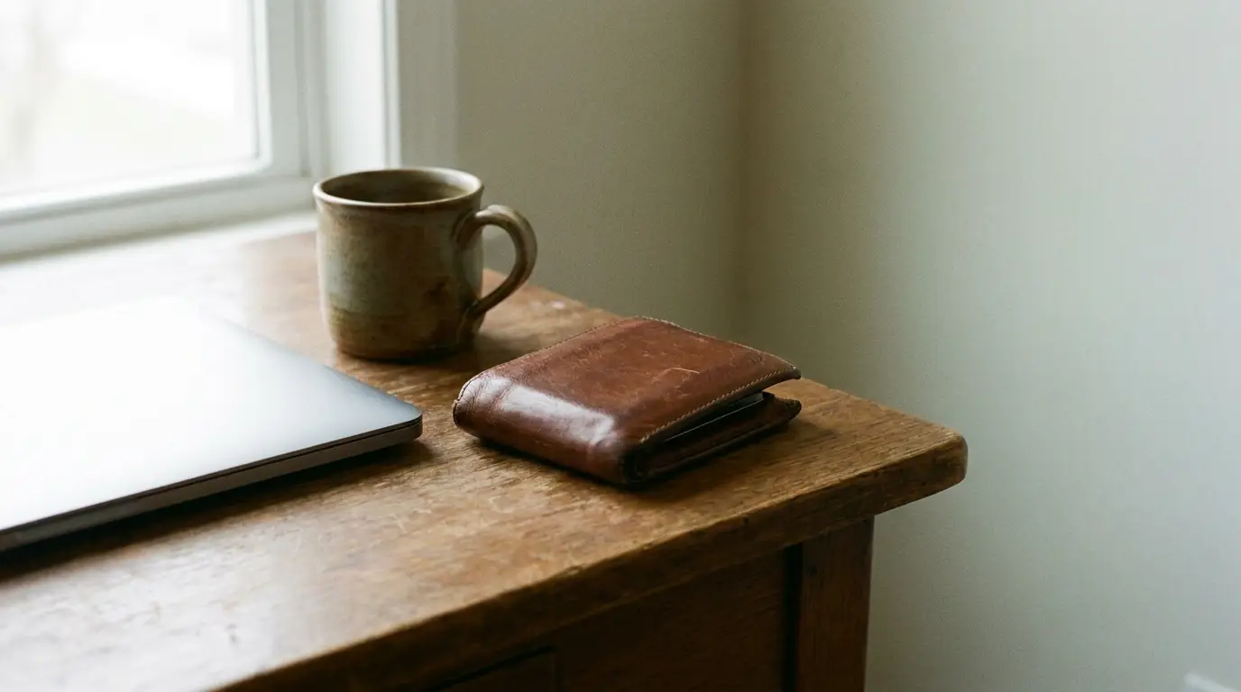 Laptop, ceramic mug, and leather wallet on rustic wooden desk by window