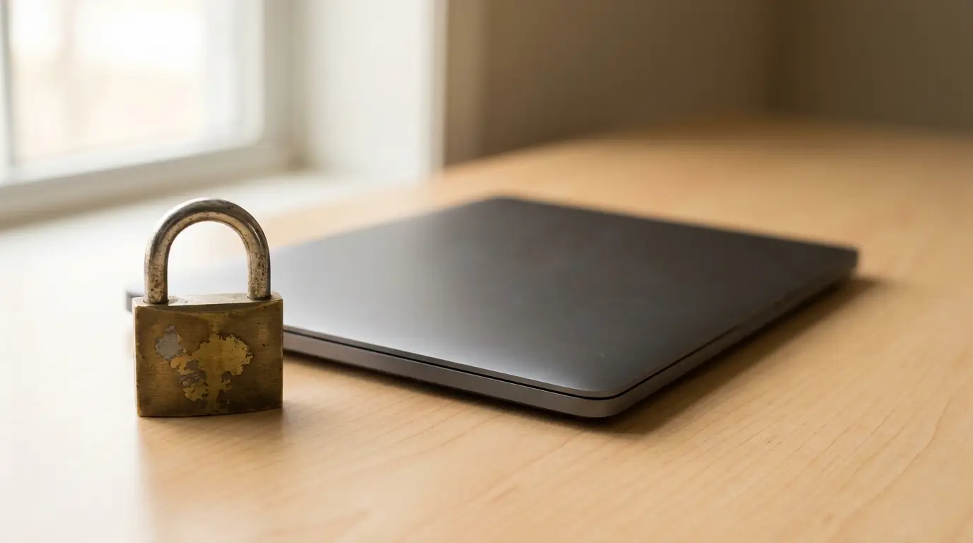 Closed laptop and brass padlock on wooden desk near window