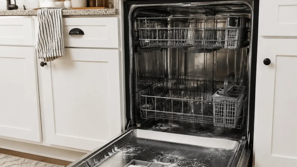 Open dishwasher in a modern kitchen with soft green cabinets, neatly stacked clean dishes, and warm natural light.
