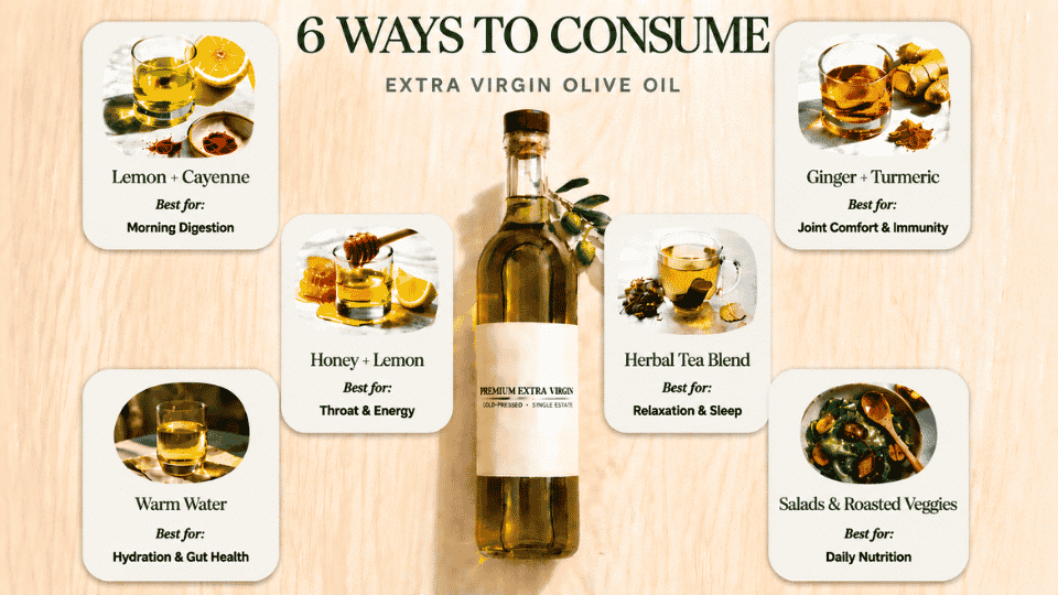 Infographic showing six ways to consume extra virgin olive oil with ingredient pairings, benefits, and a central olive oil bottle on a wood background