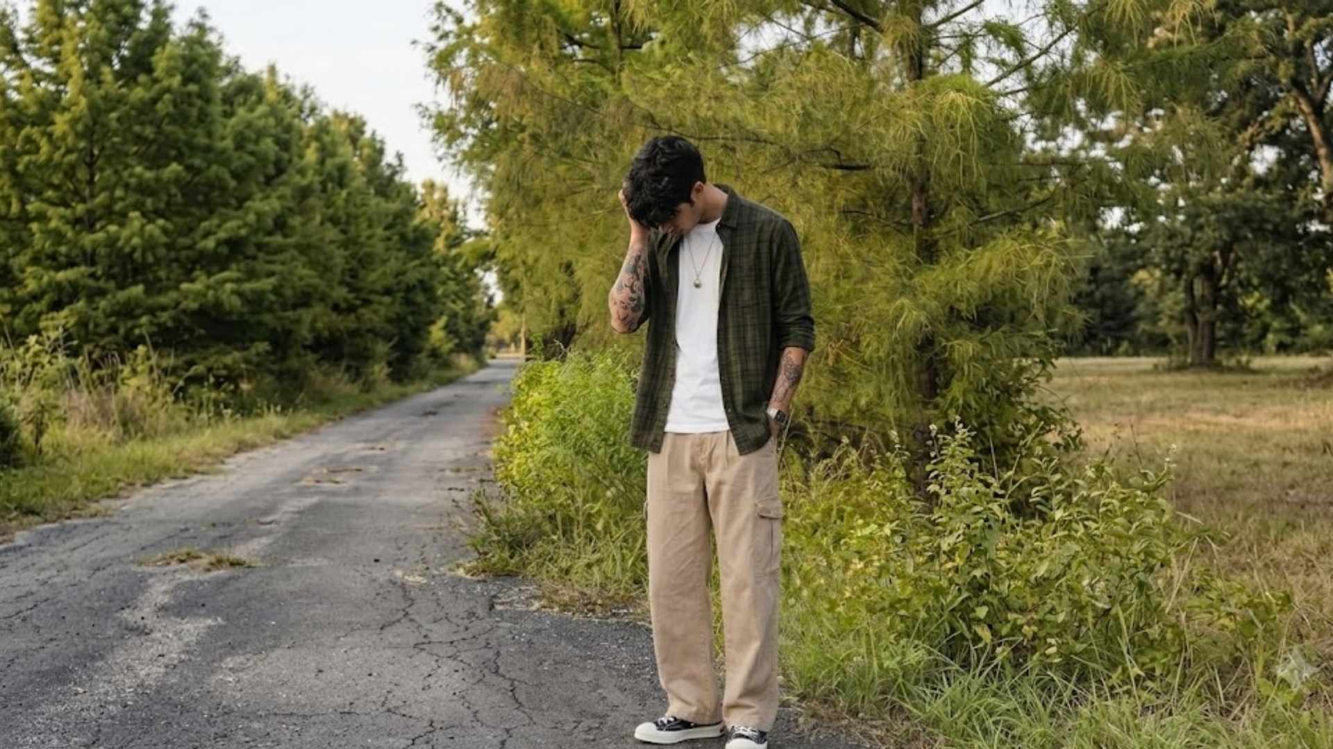Man wearing an overshirt with white crew neck tee chinos and sneakers for a casual outdoor date outfit