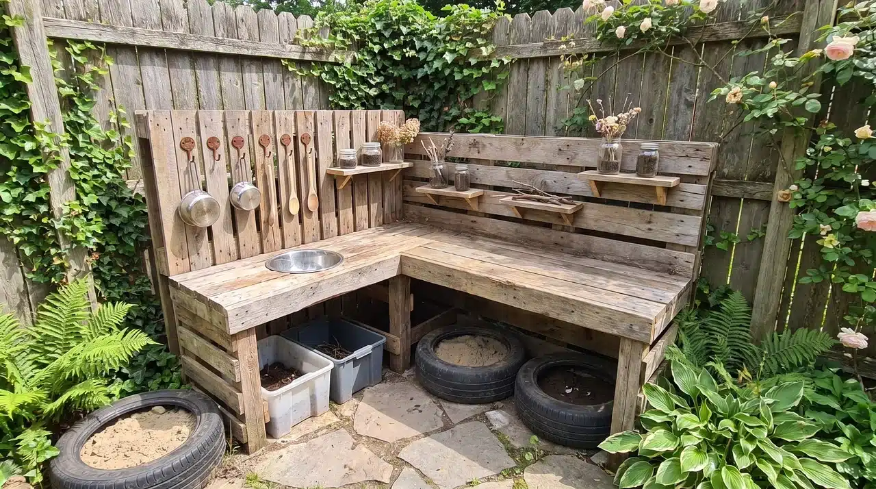 Rustic pallet mud kitchen with recycled wood, sink, shelves, and outdoor accessories.