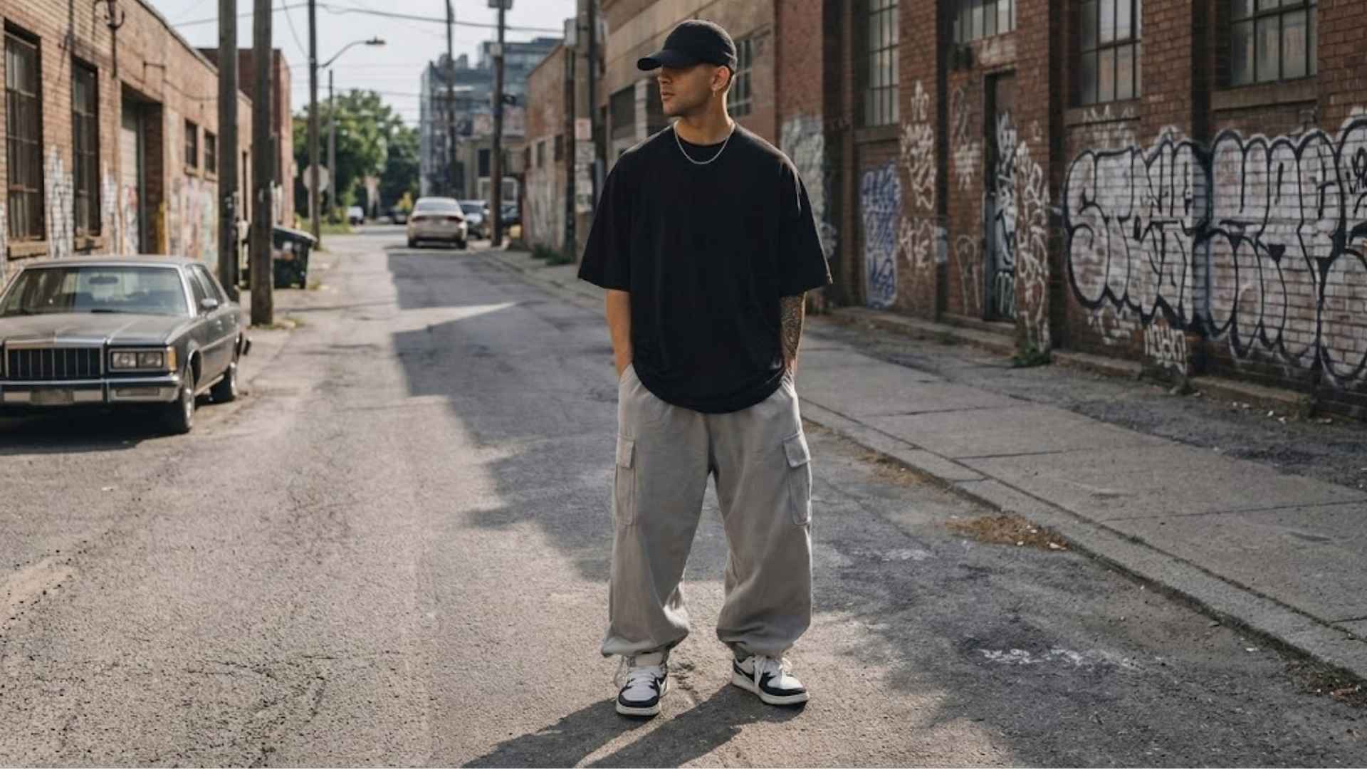 Man wearing a casual park walk outfit with black t shirt gray cargo pants and sneakers on a city street