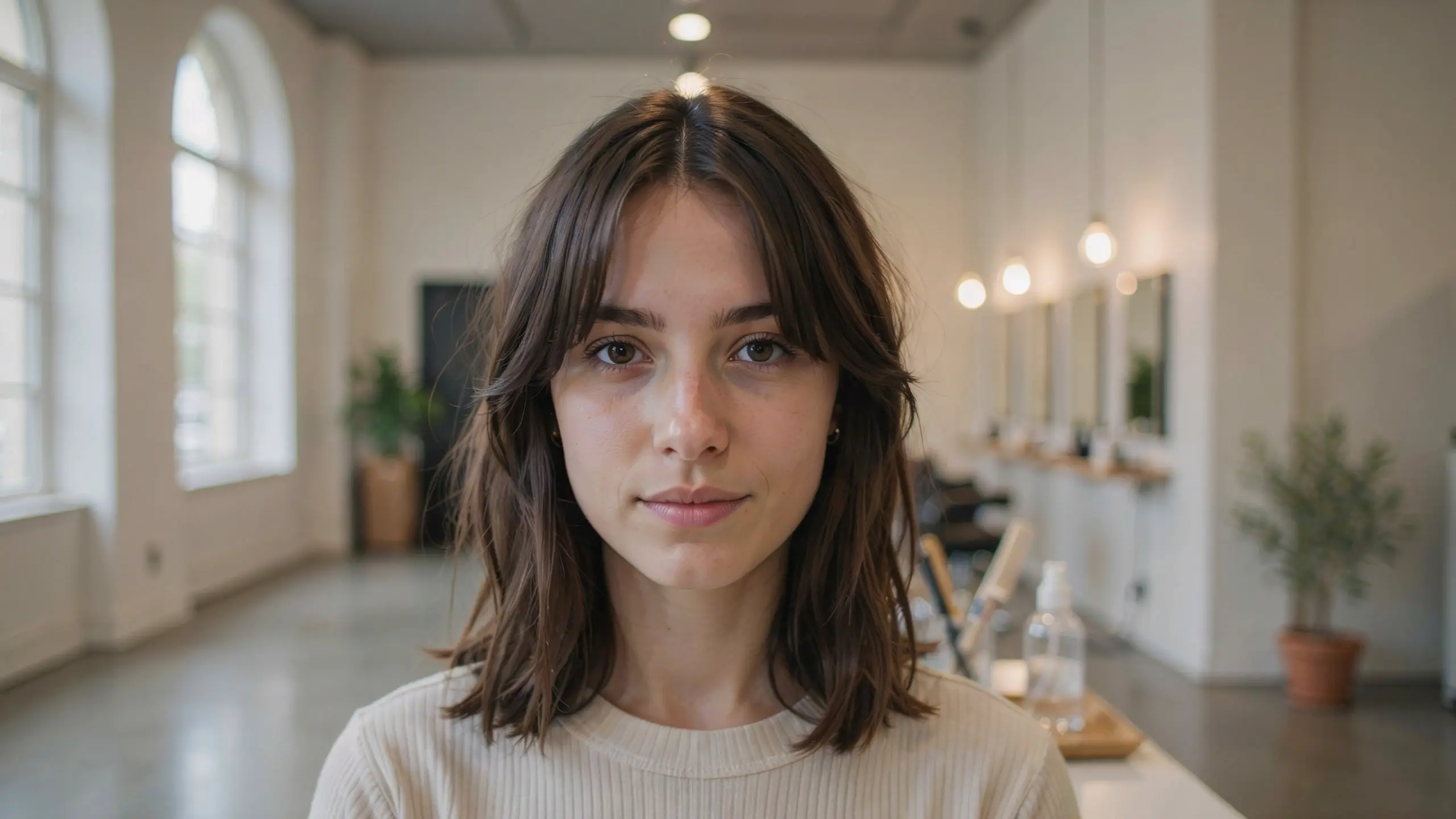 Center parted bangs with soft face framing layers and relaxed waves