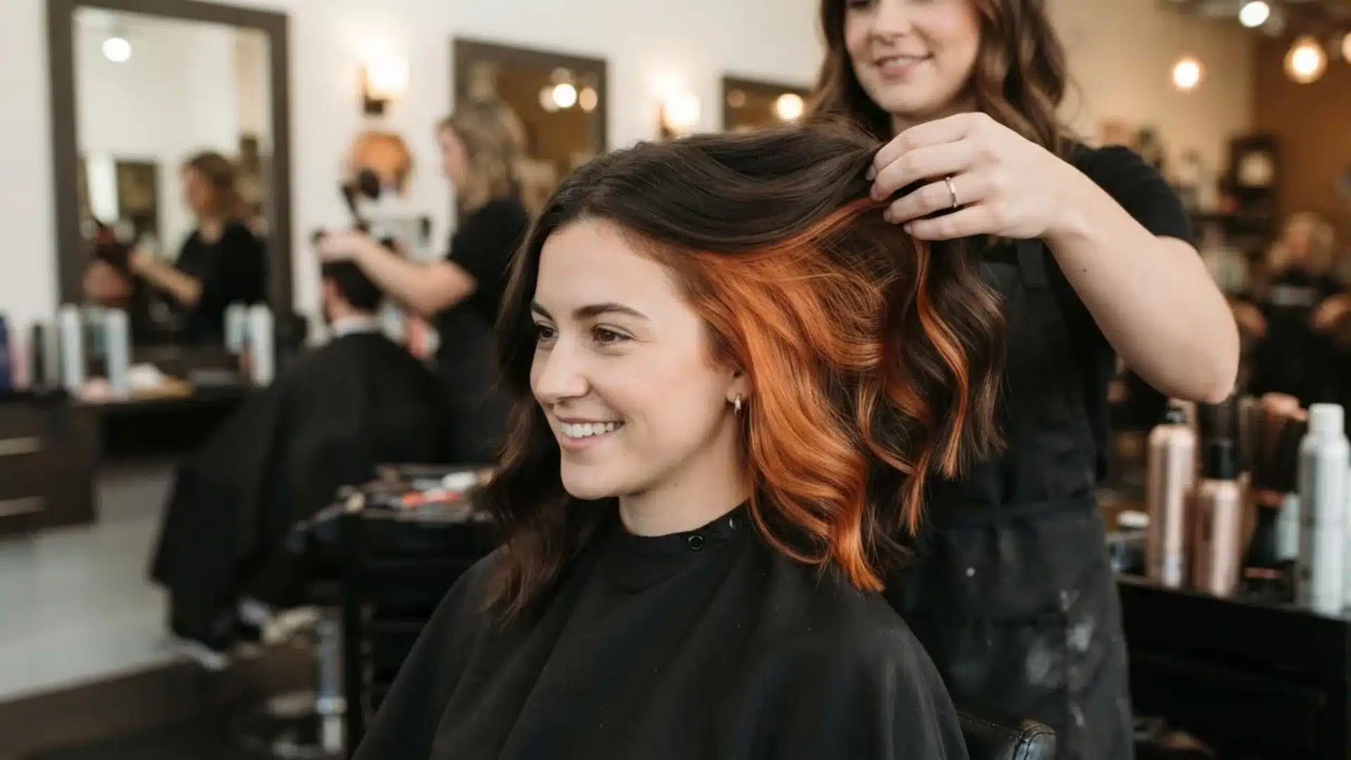 dark brown hair with copper peekaboo highlights tucked underneath top layer