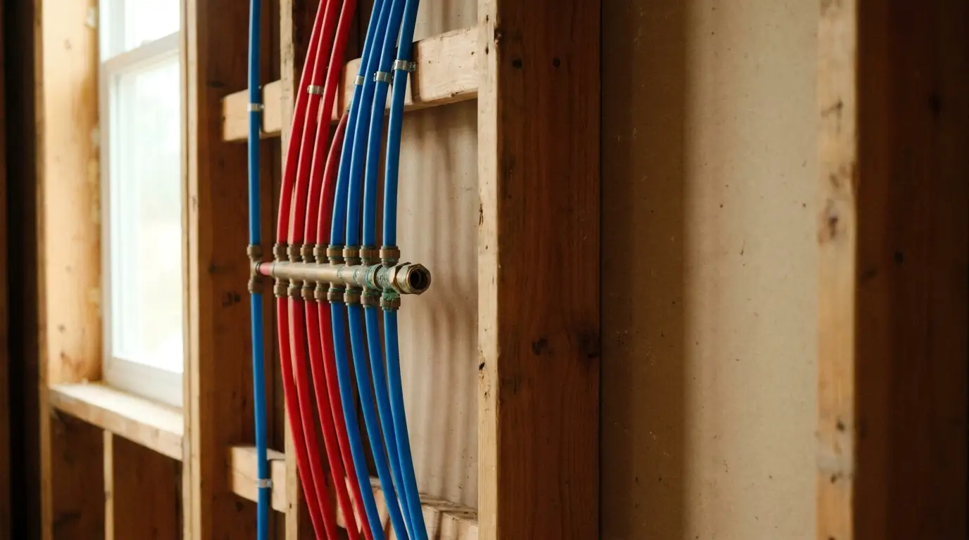 Red and blue pipes arranged vertically on a wooden frame wall in a construction setting