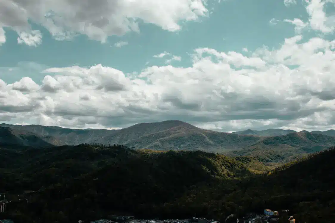 Mountain range under cloudy sky with forested hills in foreground