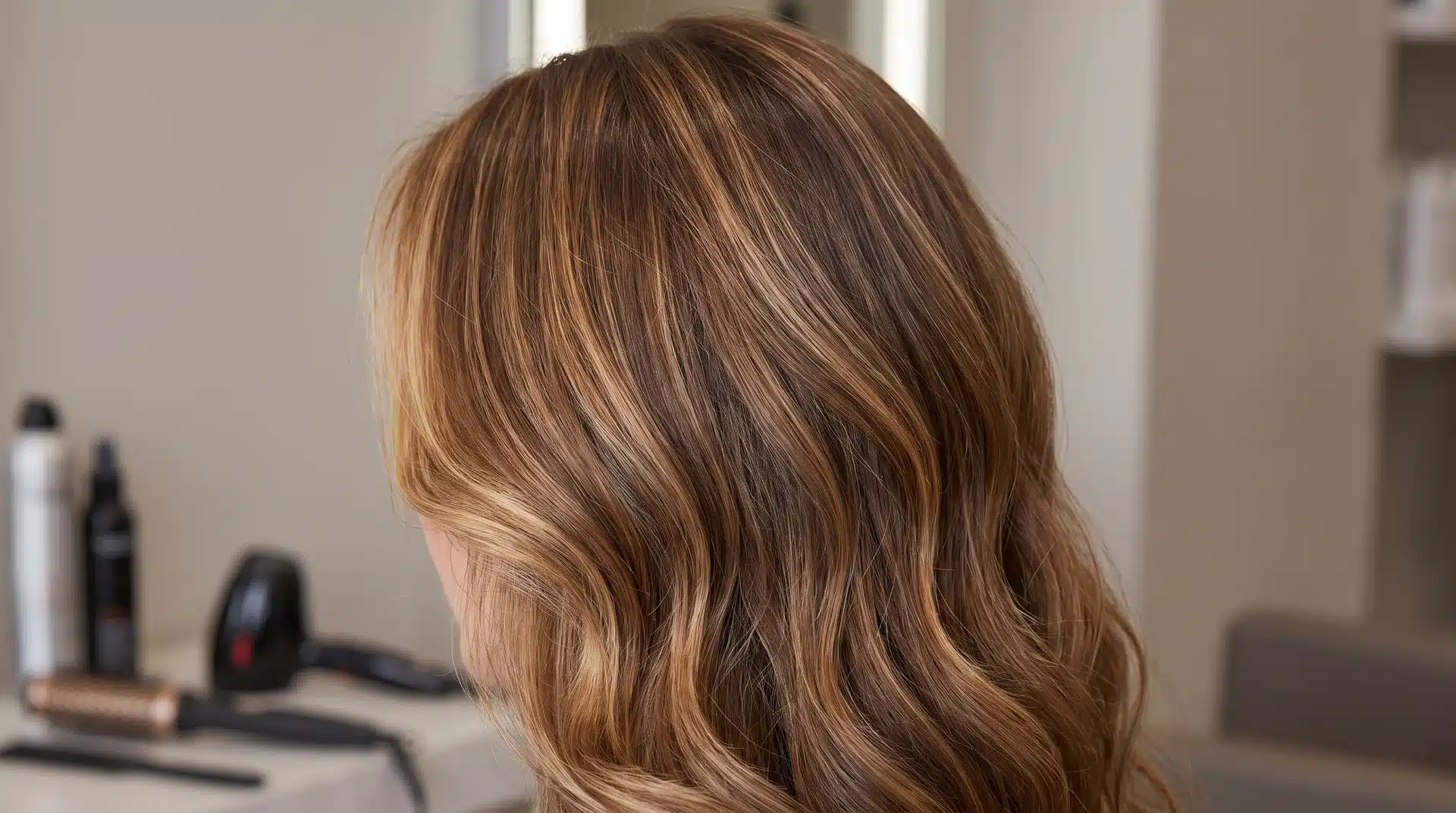 Hair with blended dimensional highlights placed around the face and crown using pivoting foil technique